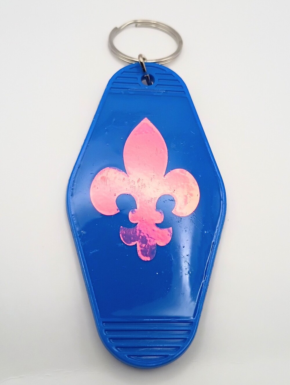 Blue Pink Holographic Fleur De Lis Vintage Hotel Motel Key Tag Keychain